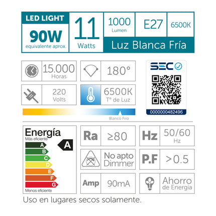 Ampolleta Led a60 11w Luz Fría