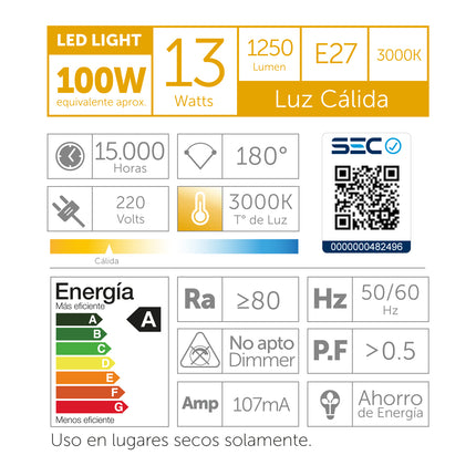 Ampolleta Led a60 13w Luz Cálida