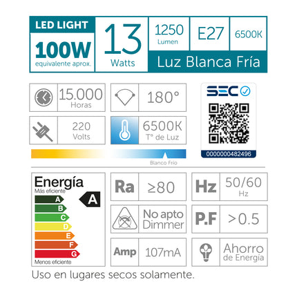 Ampolleta Led a60 13w Luz Fría