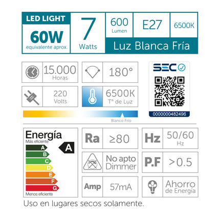 Ampolleta Led a60 7w Luz Fría