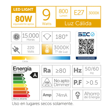 Ampolleta Led a60 9w Luz Cálida