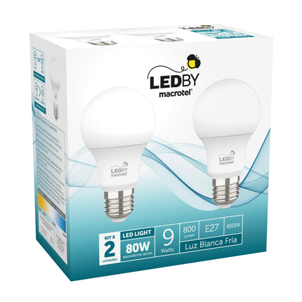 Pack 2 Ampolletas Led A60 9W Luz Fría