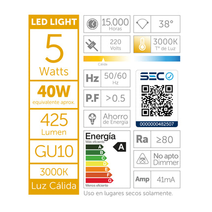Ampolleta Led gu10 5w Luz Cálida
