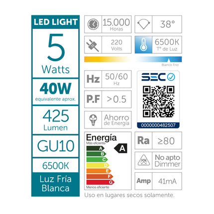 Ampolleta Led gu10 5w Luz Fría