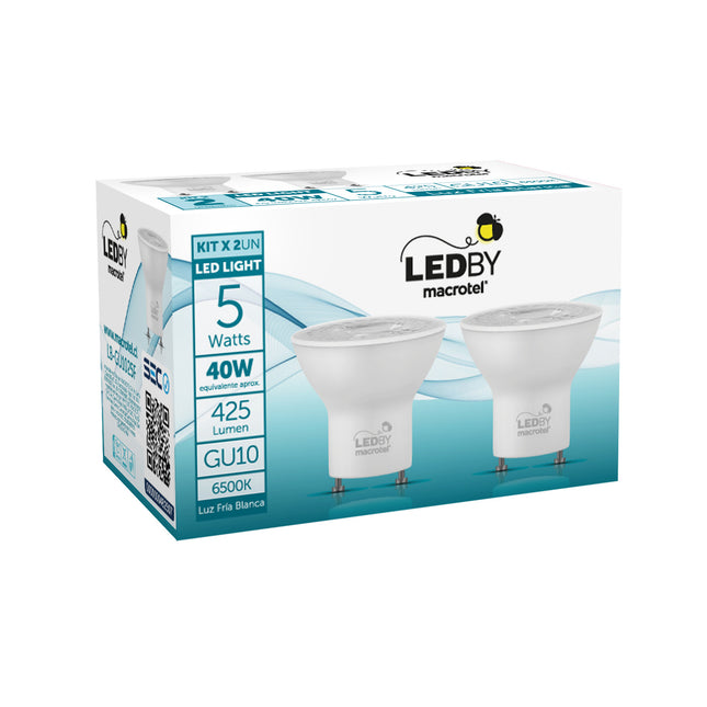 Pack 2 Ampolletas Led GU10 5W Luz Fría