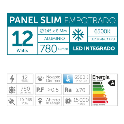 Plafón Empotrado 12W Luz Fría