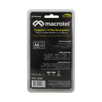 Cargador De Pilas Macrotel + 4 Pilas AA 2300ma