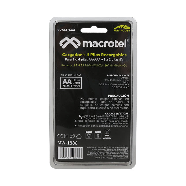 Cargador De Pilas Macrotel + 4 Pilas AA 2300ma
