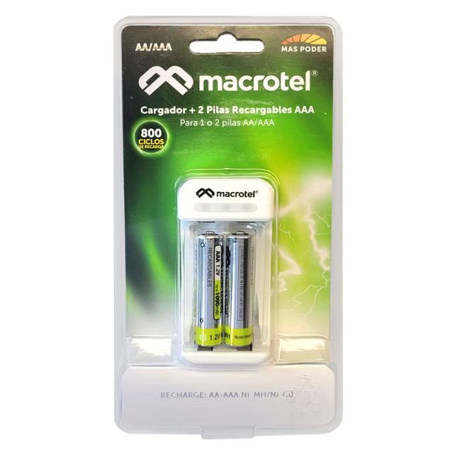 Cargador De Pilas Macrotel + 2 Pilas Recargables AAA 1000mah