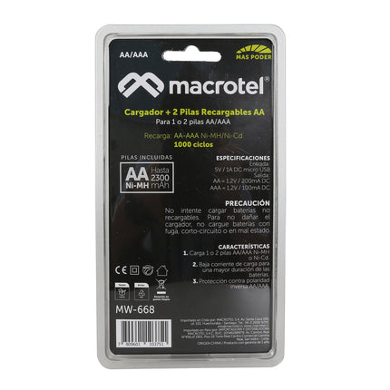 Cargador De Pilas Macrotel + 2 Pilas Aa De 2300mah