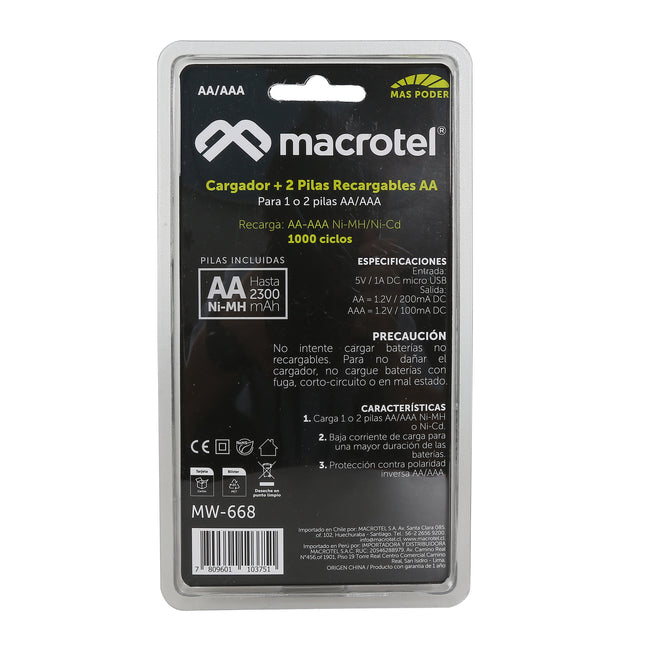 Cargador De Pilas Macrotel + 2 Pilas Aa De 2300mah